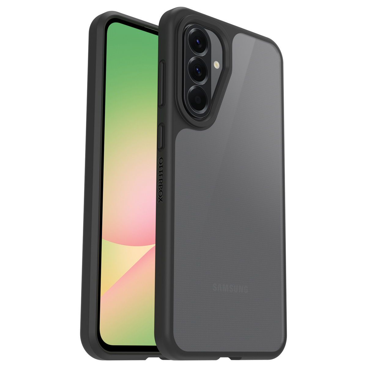 Telefoon in zwarte hoes met Otterbox label. Groen scherm met roze en gele vormen.