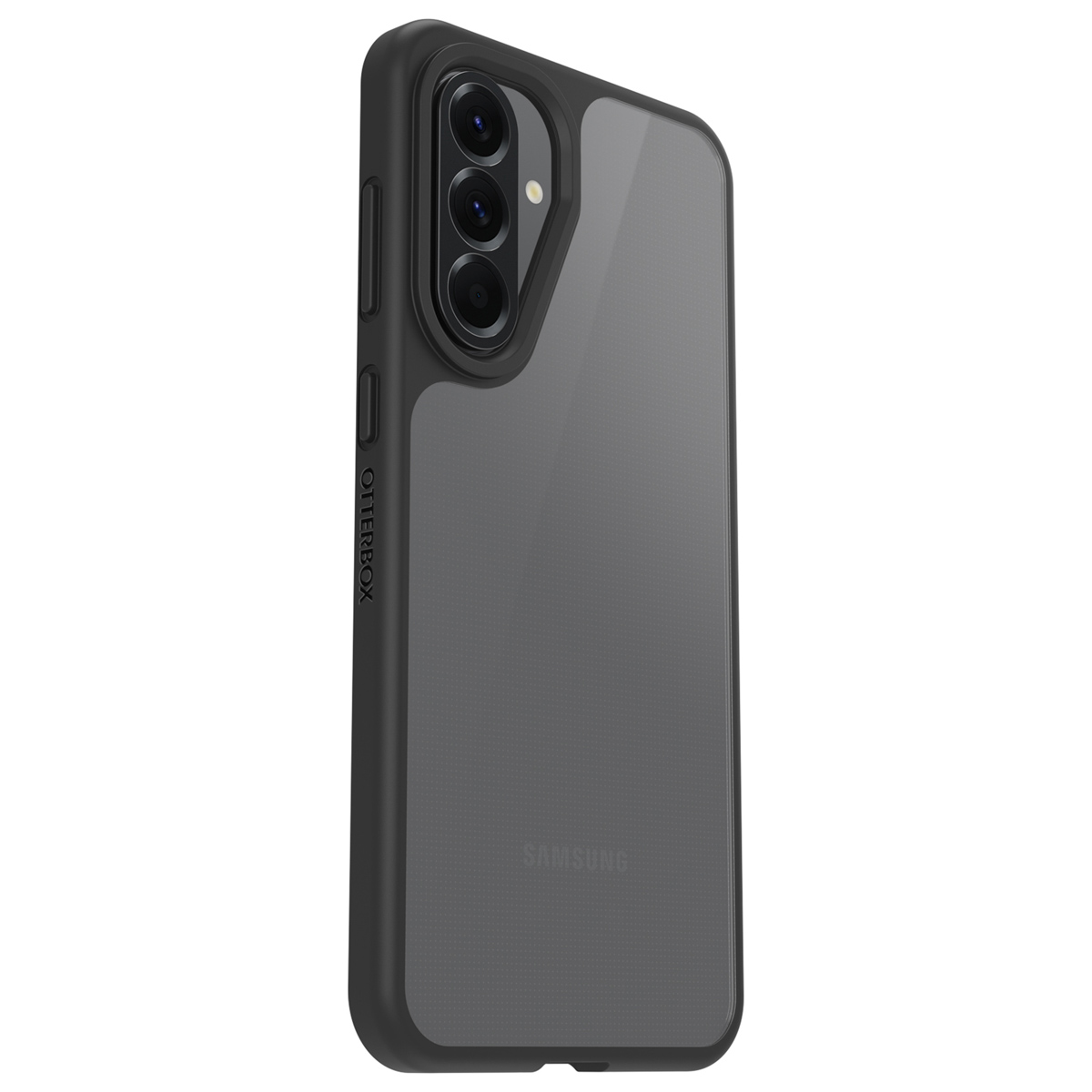 Zwarte telefoonhoes op witte achtergrond. Otterbox-logo zichtbaar. Telefoon heeft drie camera's.
