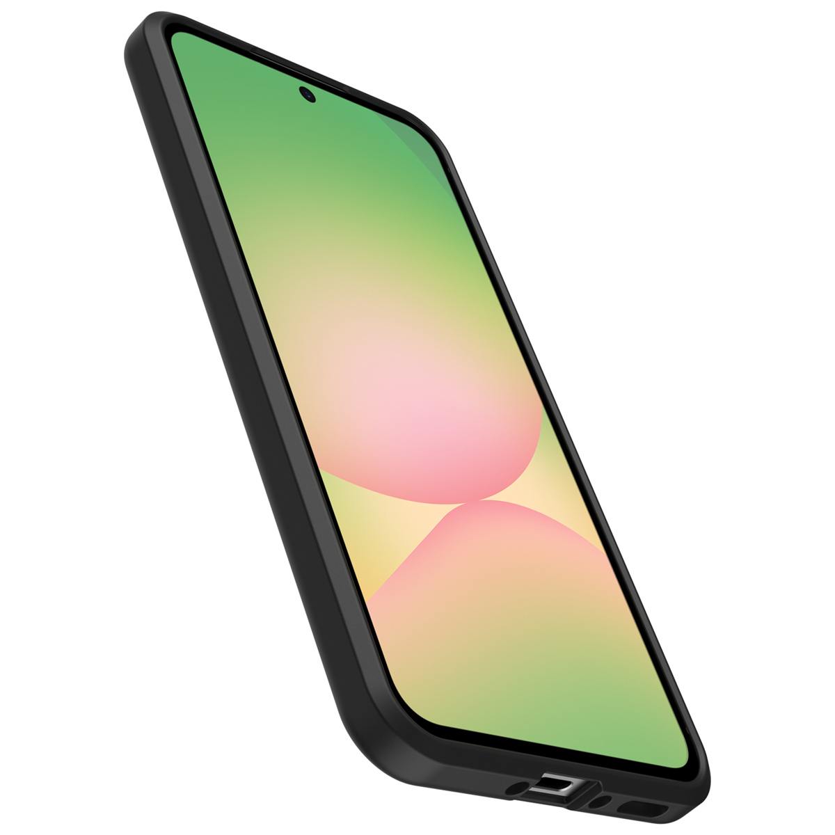 Een zwarte smartphone met een kleurrijk verloop scherm, iets omhoog gekanteld.