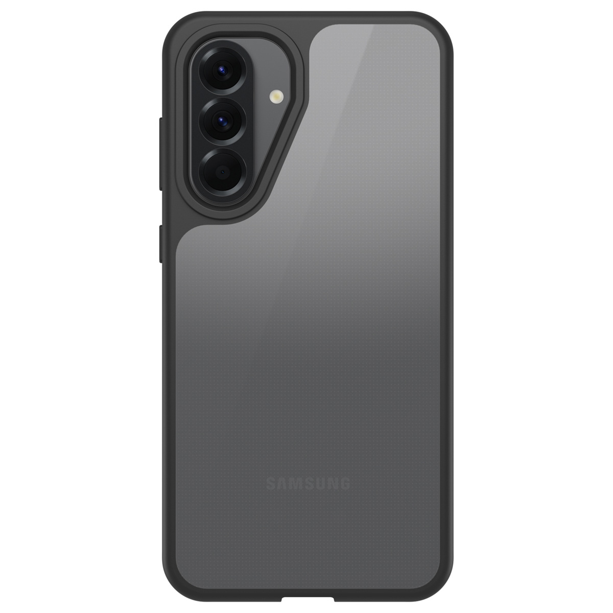 Een zwarte en grijze telefoonhoes met drie cameralenzen. De merknaam SAMSUNG is zichtbaar.
