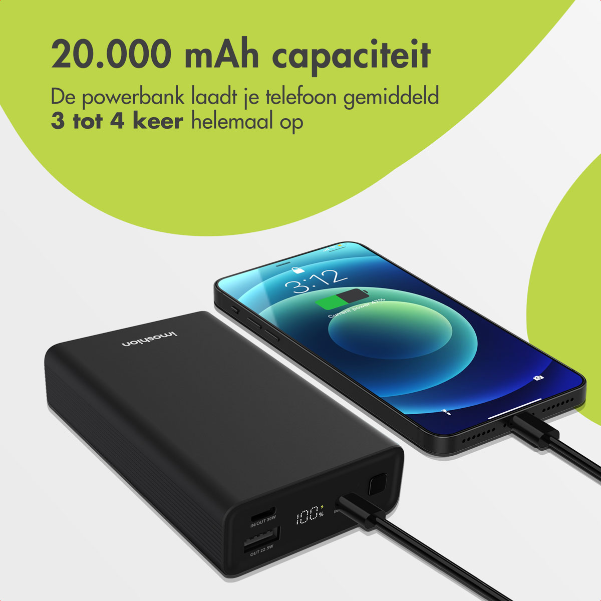 Batterie externe noire chargeant un téléphone. Le téléphone affiche un symbole de chargement.