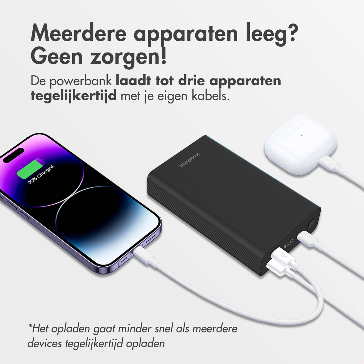 Une batterie externe noire chargeant un téléphone et un étui d'écouteurs blanc avec des câbles.