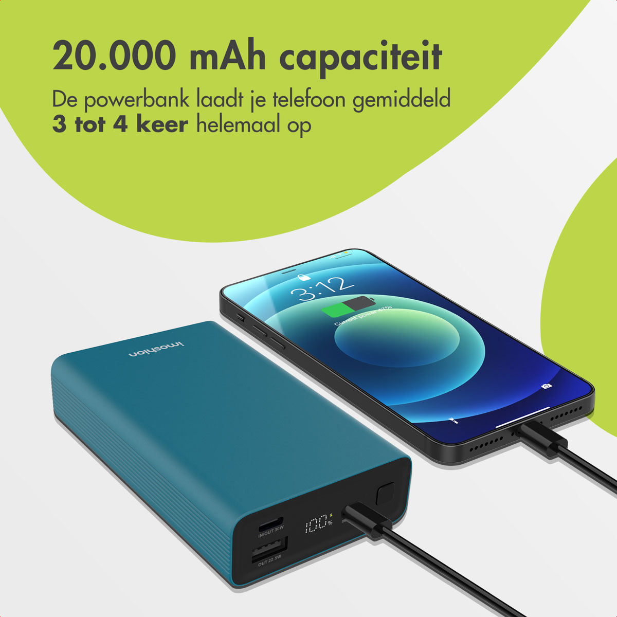Un téléphone se charge à partir d'une batterie externe bleu sarcelle. L'écran affiche 3:12 et chargement.