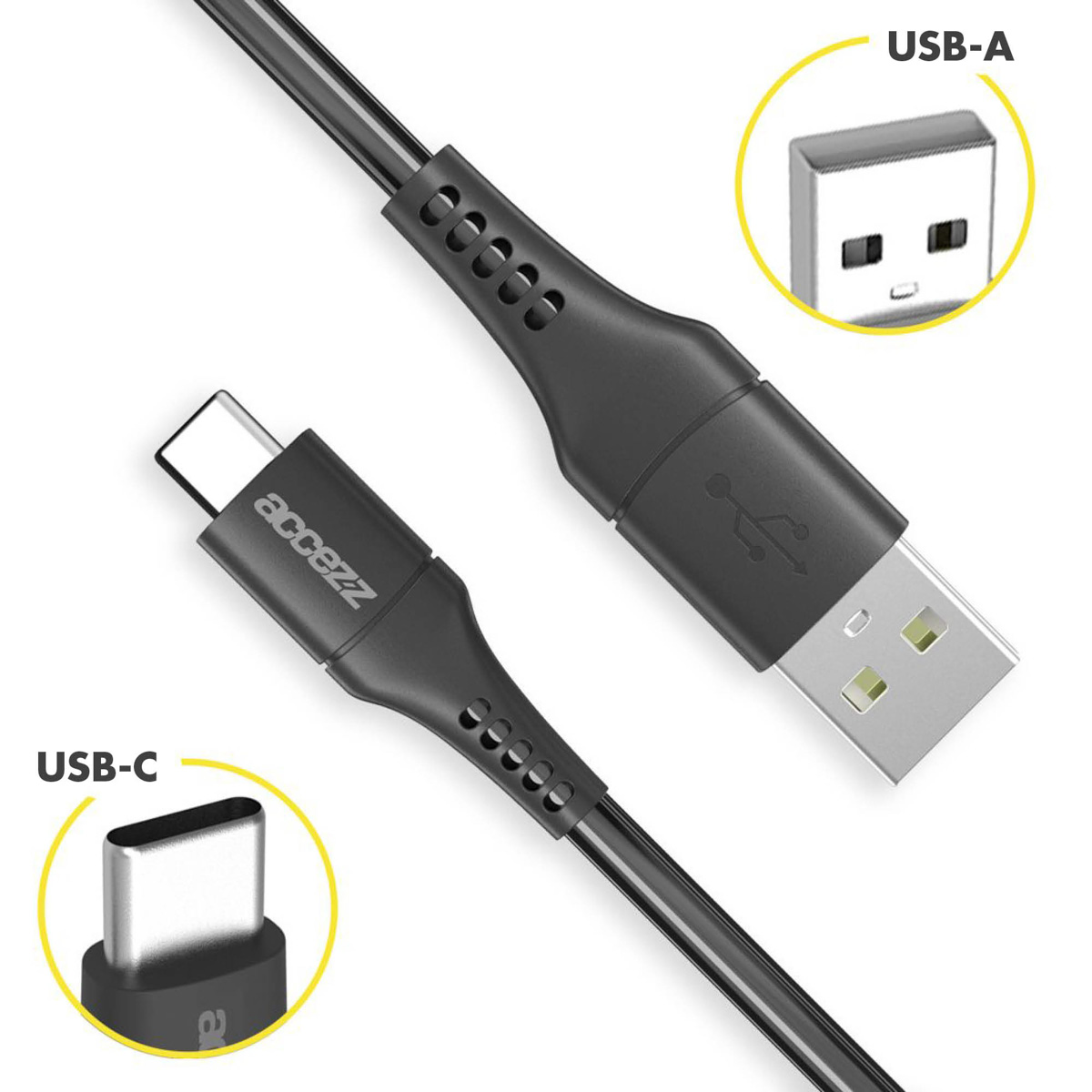 Câble USB-A vers USB-C noir avec connecteurs et logo.