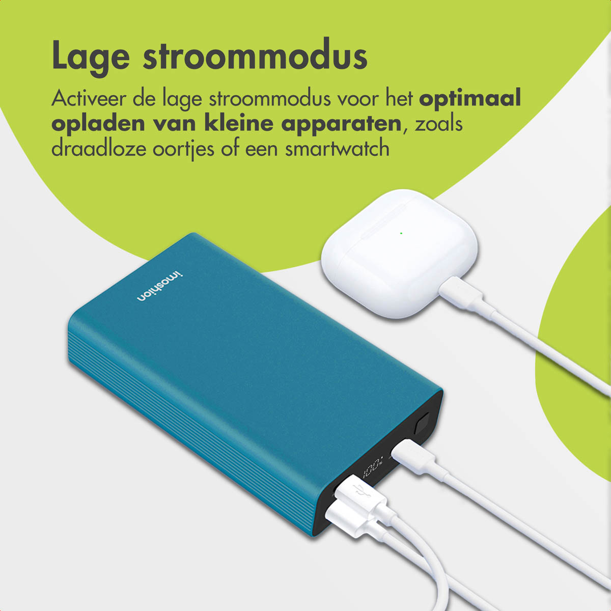 Batterie externe bleue avec ports de charge et chargement des AirPods.