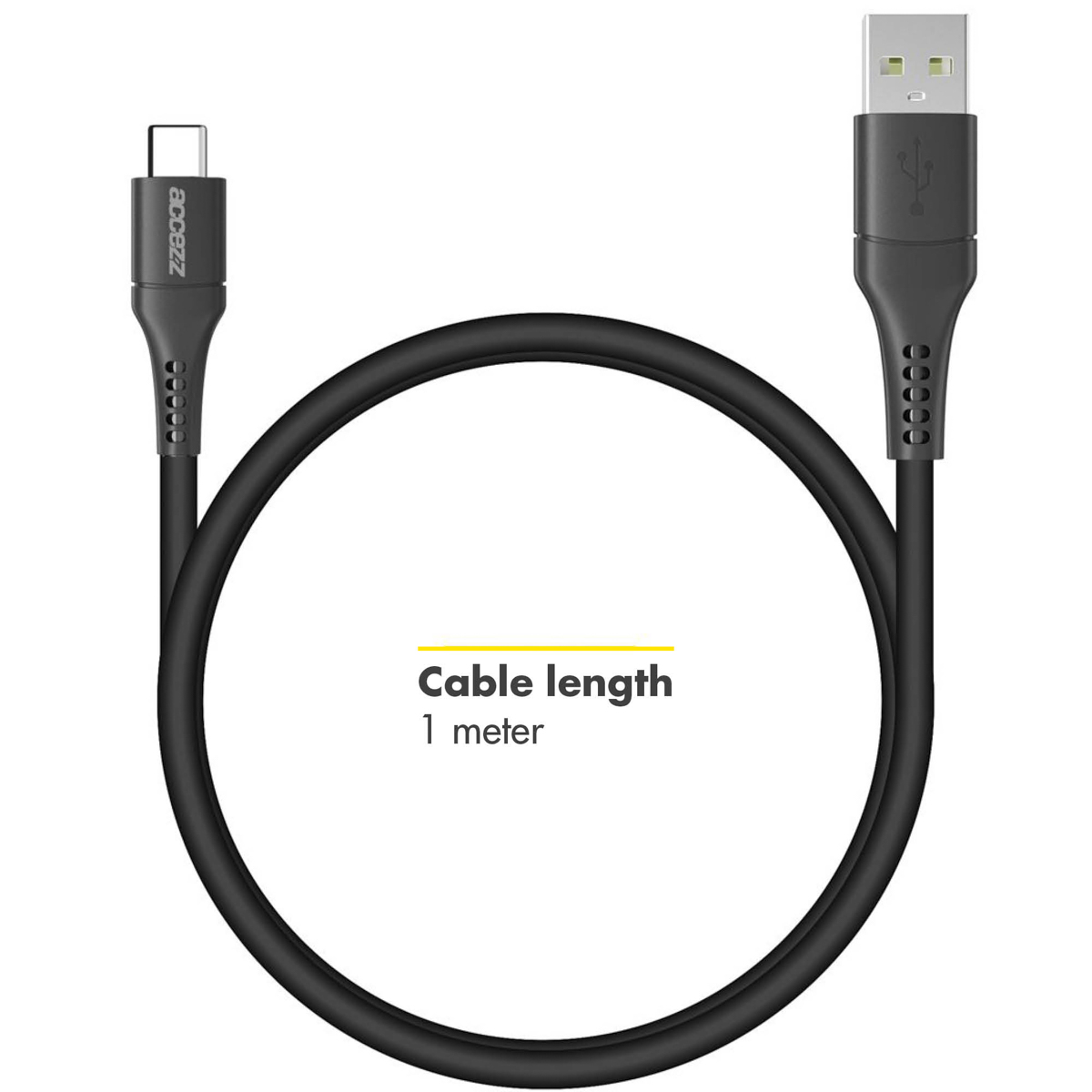 Câble USB-C noir, 1 mètre, avec connecteurs USB et USB-C.