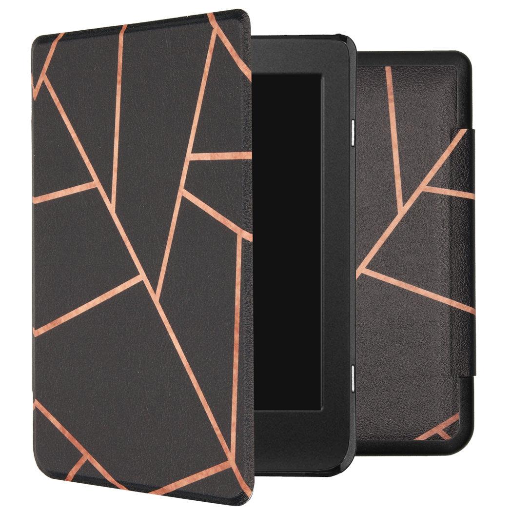 Étui Kindle avec un motif géométrique de lignes cuivrées sur fond noir. L'étui est ouvert.