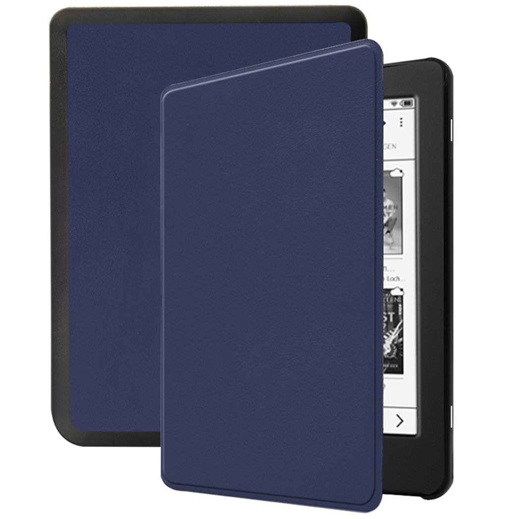 Een donkerblauwe e-reader in een donkerblauwe hoes, open om het zwarte scherm te tonen.