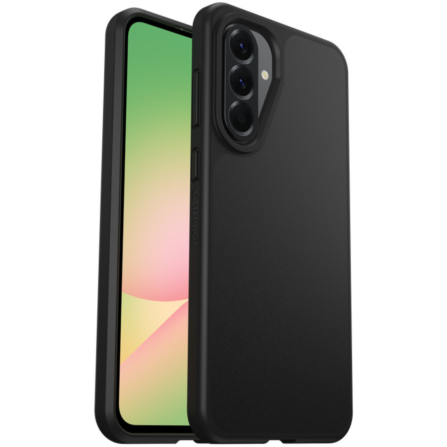 Coque de téléphone noire avec bord noir et téléphone avec écran coloré.