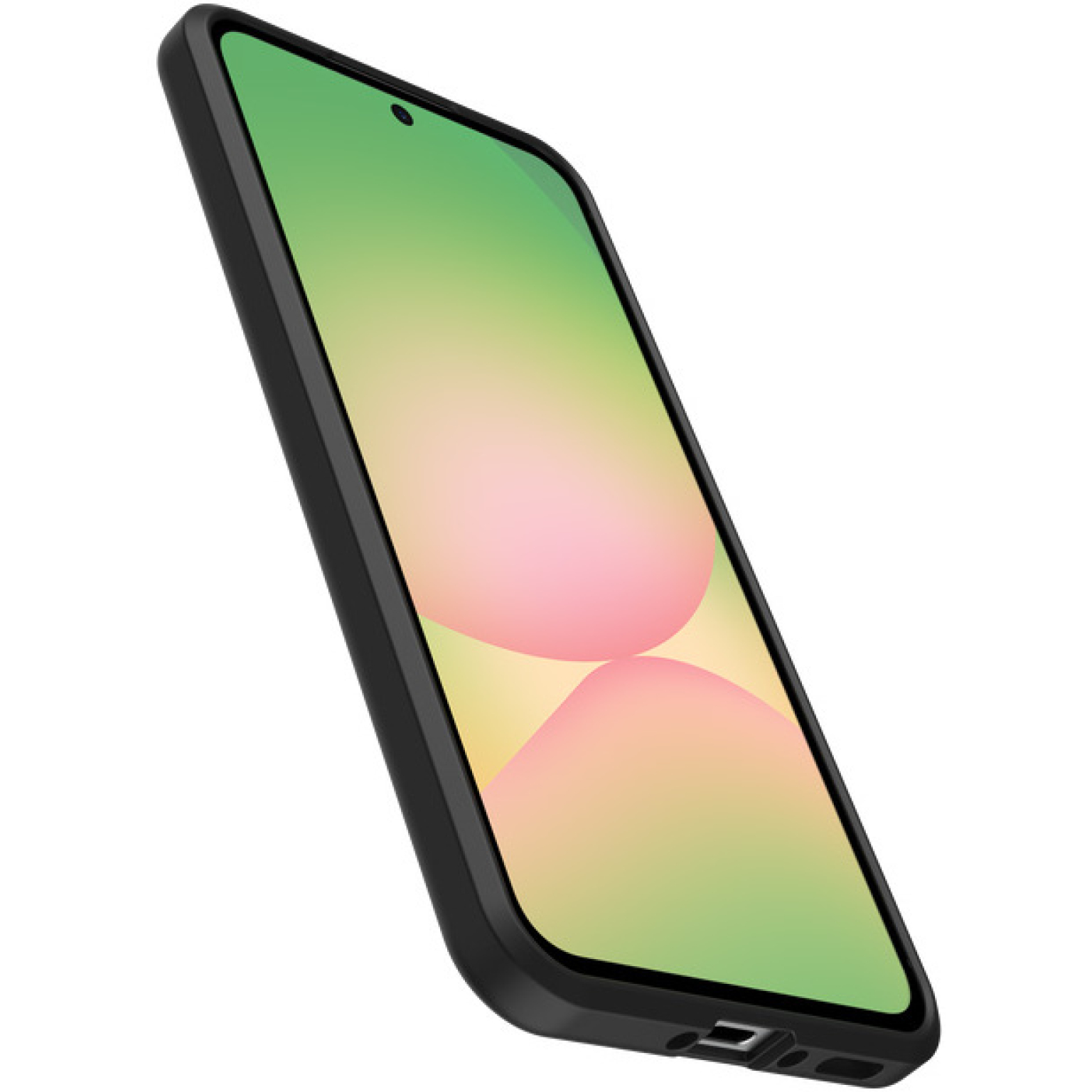 Coque de téléphone noire montrant l'écran. L'écran est vert avec des formes roses et jaunes.