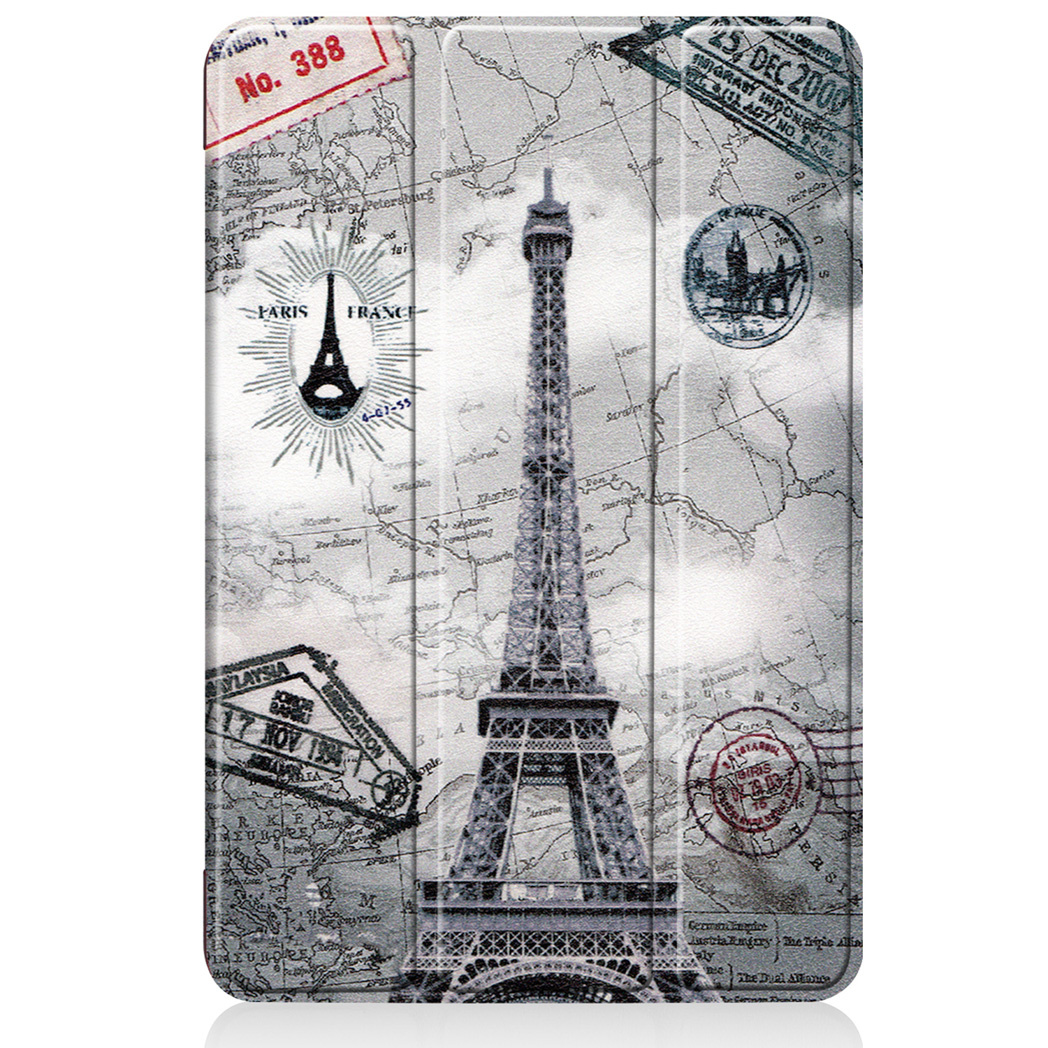A cover for an e-reader with the Eiffel Tower, stamps, and a map.