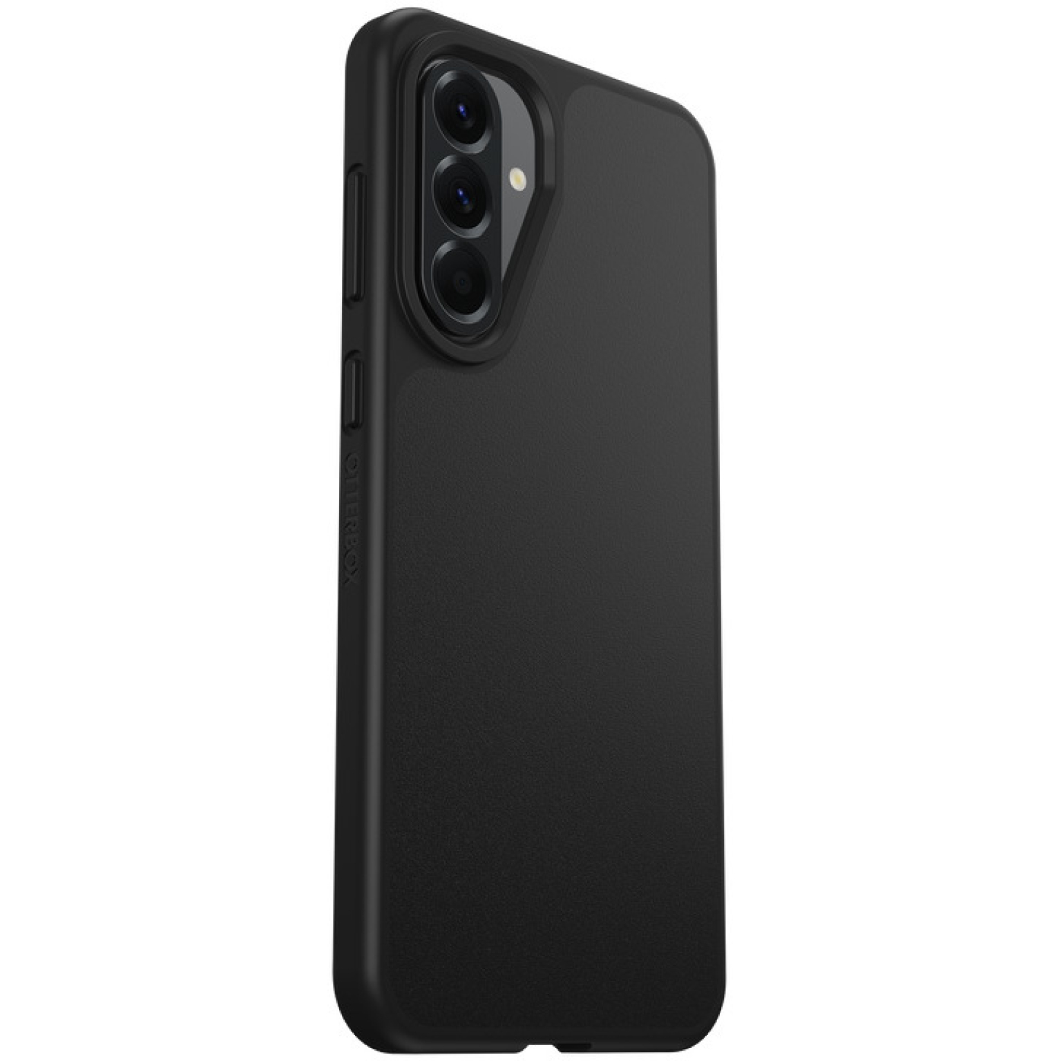 Coque de téléphone noire sur fond blanc. Le téléphone a trois caméras arrière. Logo Otterbox visible.