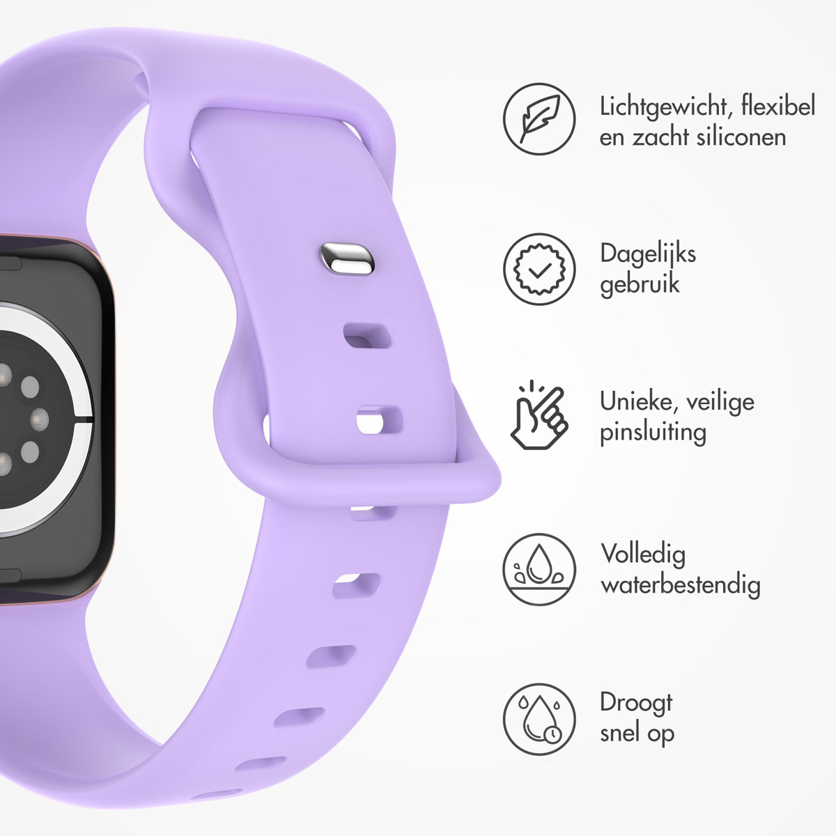 A purple smartwatch band with icons indicating lightweight, daily use, and water resistance.
