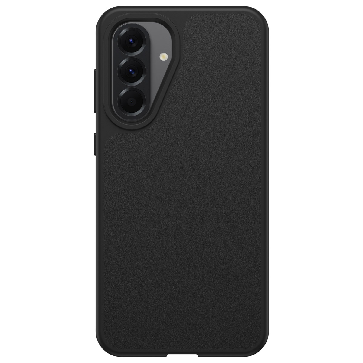 Une coque de téléphone noire avec une configuration à triple caméra sur fond blanc.
