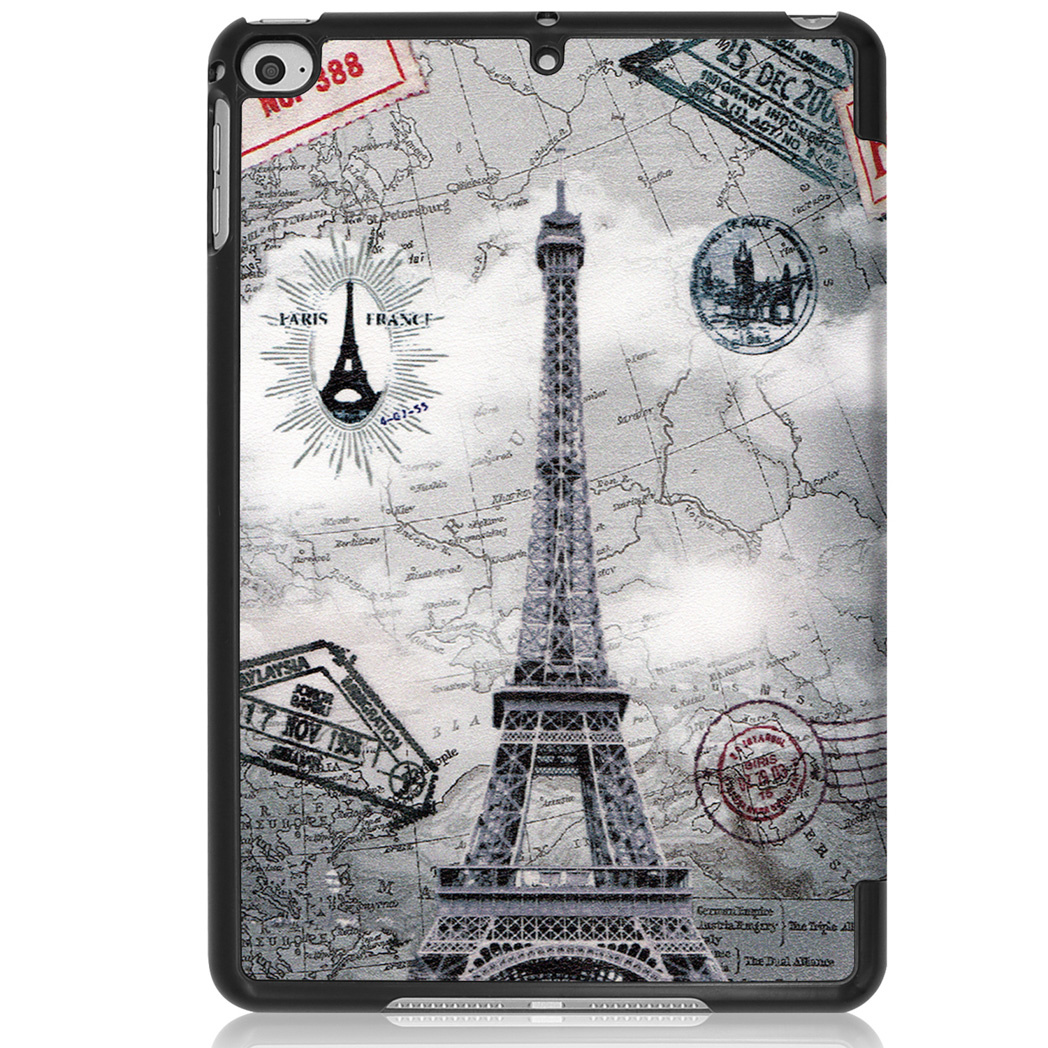 Tablet case with an Eiffel Tower design on a map background. The case is open, displaying the tablet.