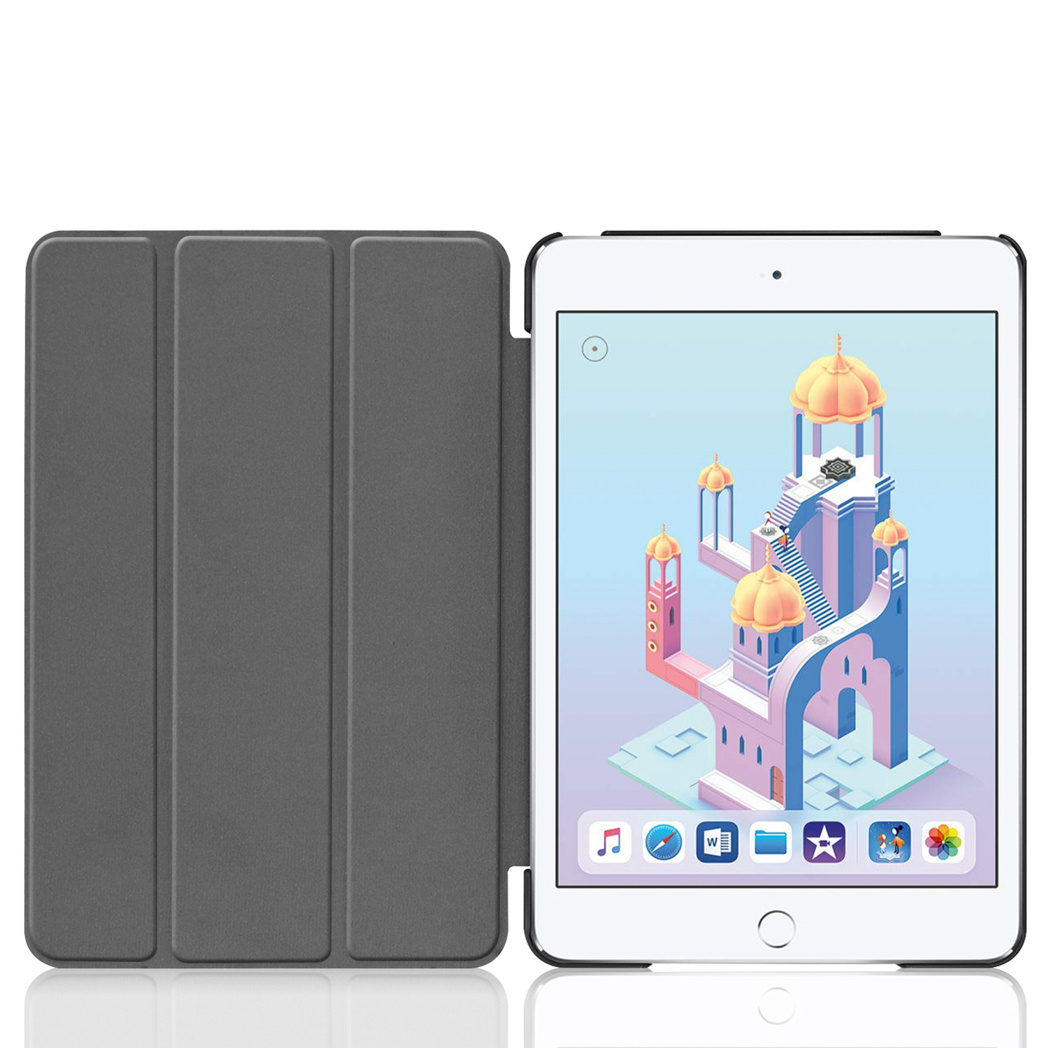 Tablet with gray cover open, showing colorful display of a building with domes.
