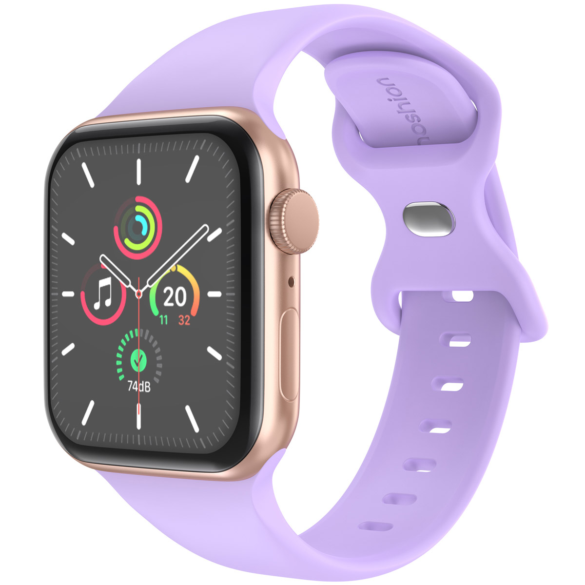 A gold Apple Watch with a purple band attached. The screen displays the time and other info.