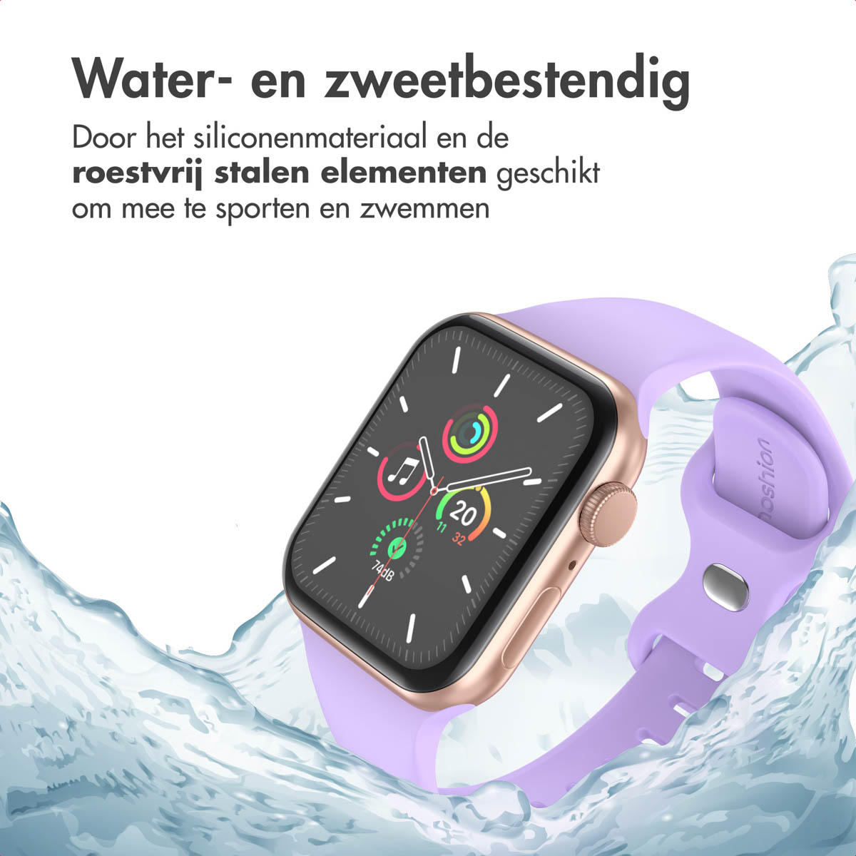 Smartwatch with a lilac band. Water splash in the background. Text says 'Water and sweat resistant'.