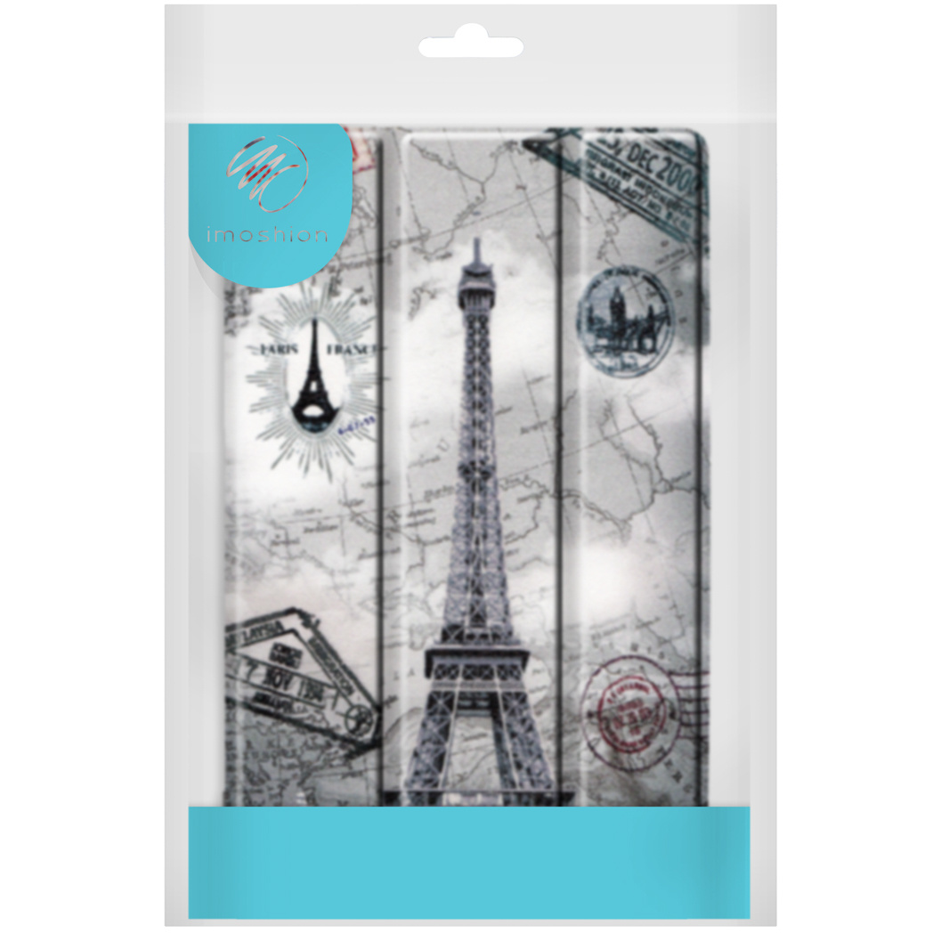 Tablet case in packaging, featuring the Eiffel Tower and stamps. The background is a map.