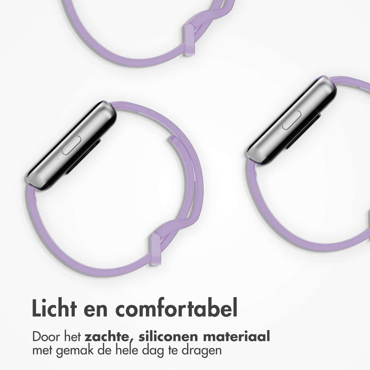 Three smartwatch straps in a row. They are purple in color. The background is white.