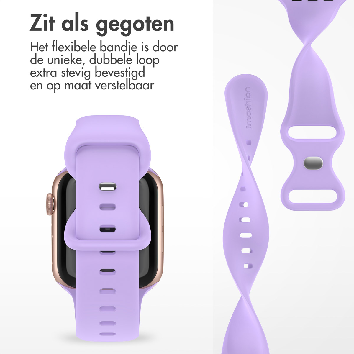 Lavender smartwatch band with two additional bands. A smartwatch is also present.