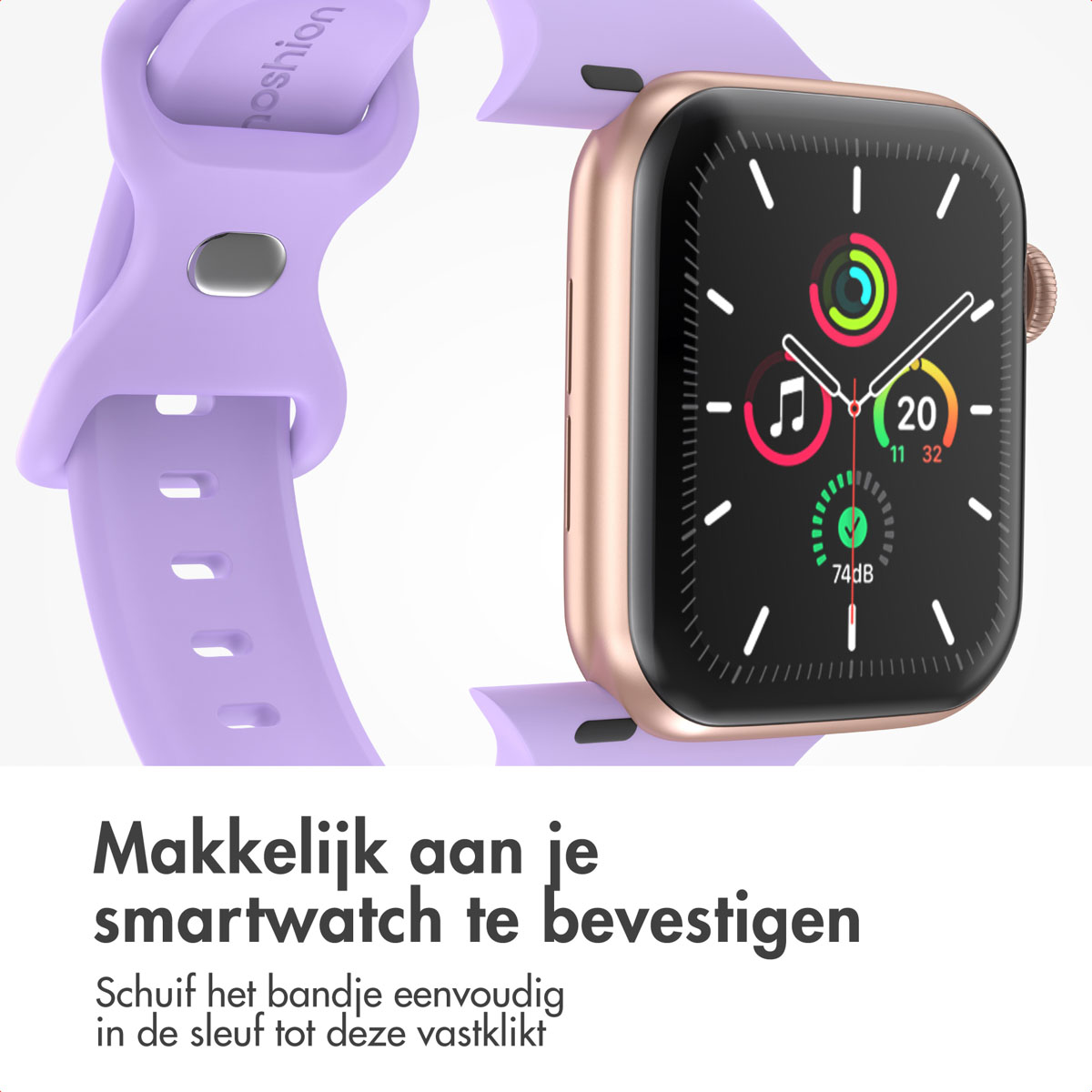 A smartwatch with a purple band and a gold case, showing the time.