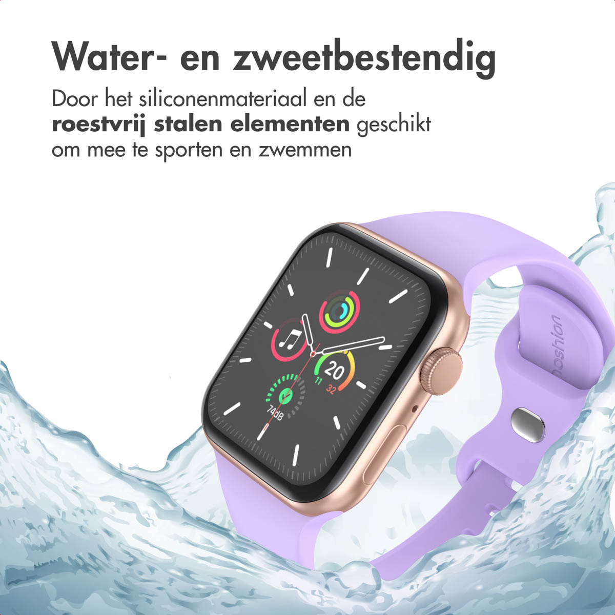 Smartwatch with lavender strap in water. Text states water and sweat resistant due to silicone and steel.