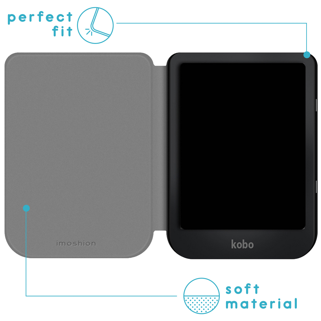 Gray e-reader case with a gray cover and a black e-reader inside. Arrows show the parts.