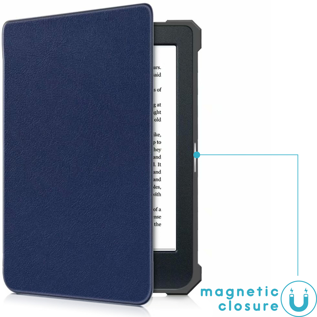A dark blue e-reader case open, revealing an e-reader. Magnetic closure detail.