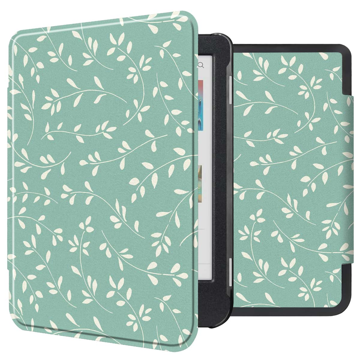 Kindle dans un étui avec un fond turquoise et un motif floral blanc.
