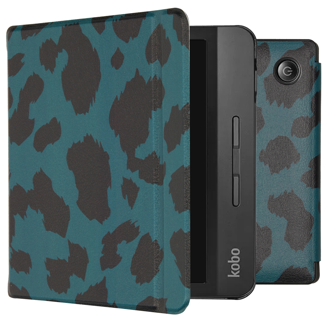 E-reader met een teal leopard print hoes, voor- en achterkant.