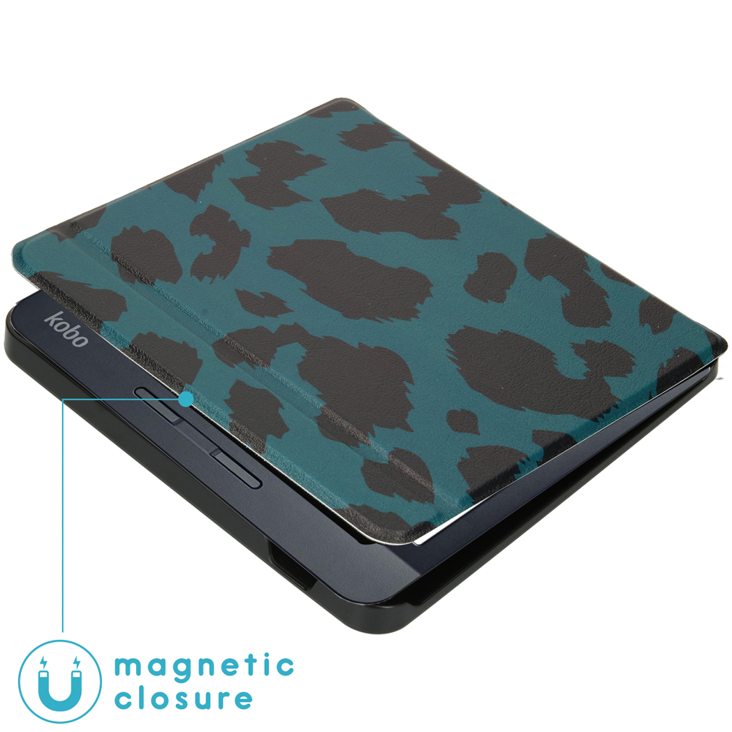 E-reader met een tealkleurige luipaardprint hoes. Het scherm is zwart, de hoes open.
