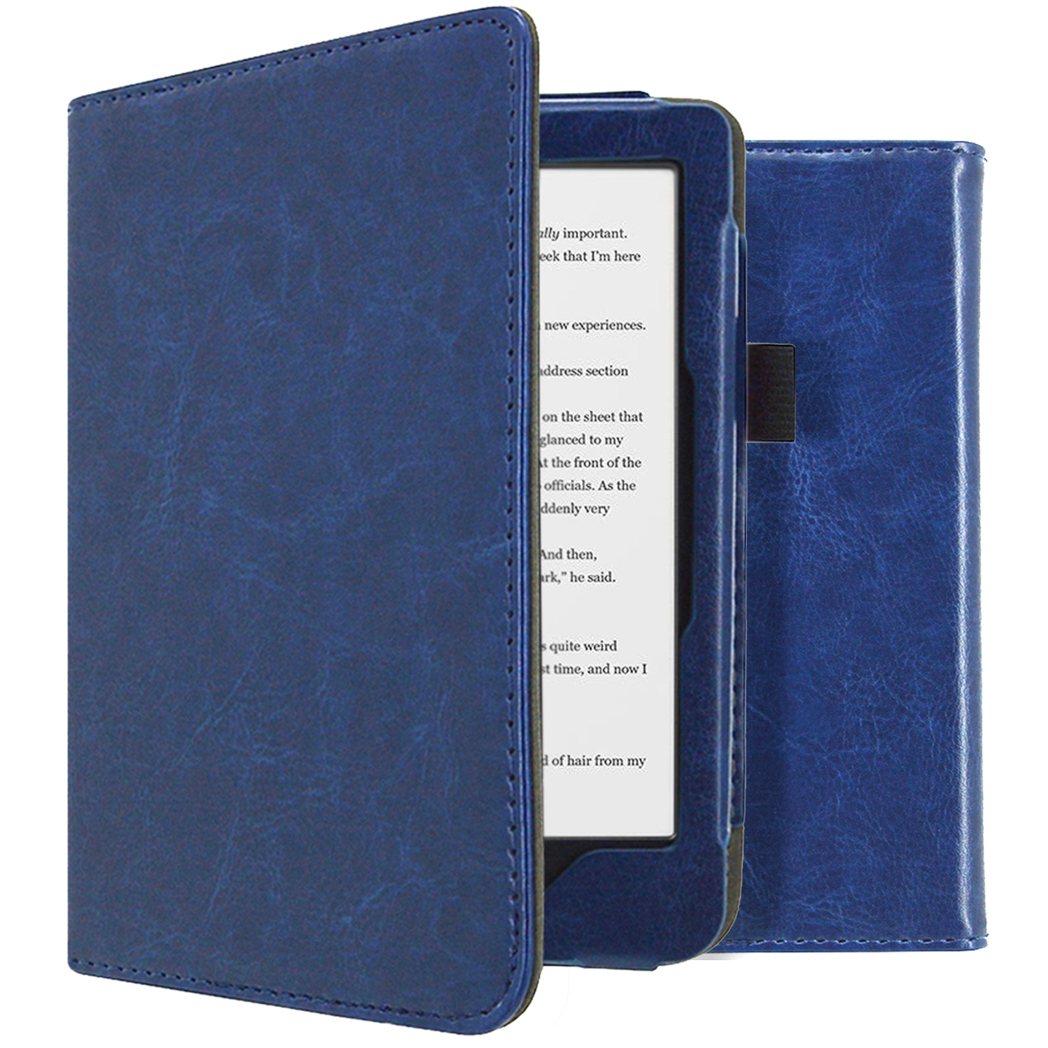 Blauwe leren e-reader hoes, open om het apparaat en tekst op het scherm te tonen.
