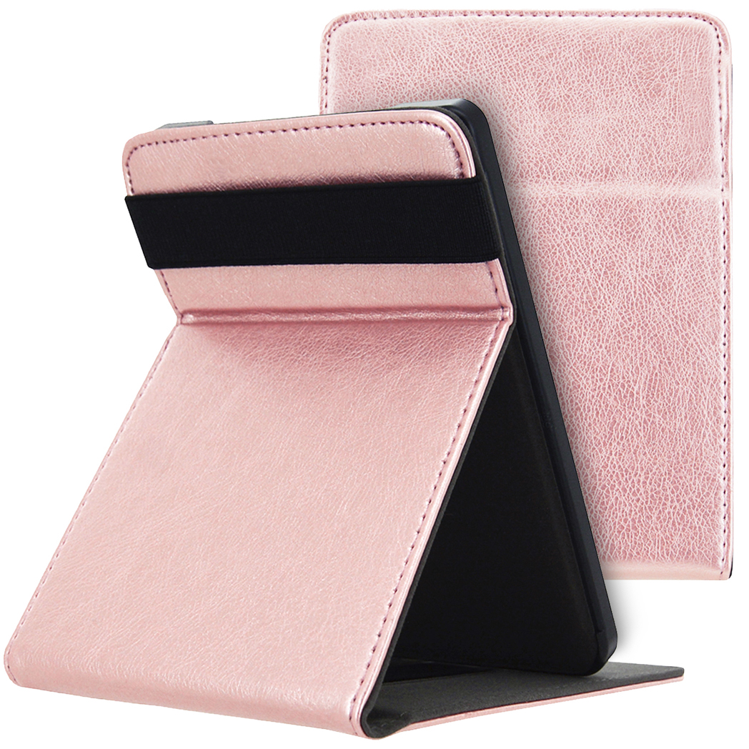 Een roze e-reader hoes. De e-reader staat open, ondersteund door de hoes.