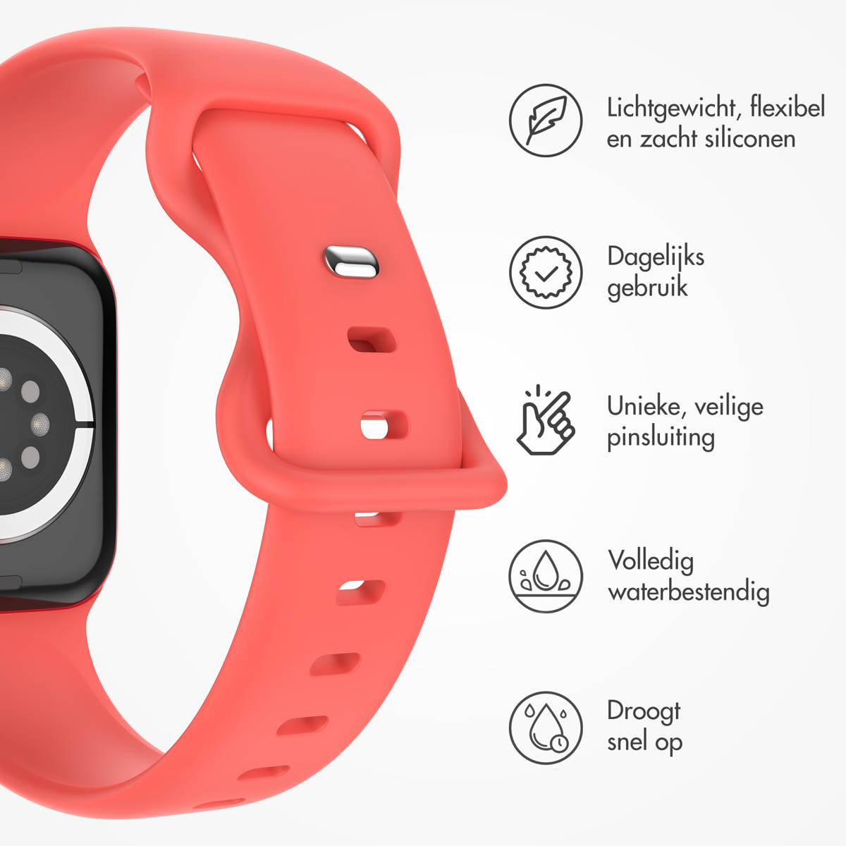 Close-up of a coral-colored smartwatch band with icons suggesting lightweight, durable design.