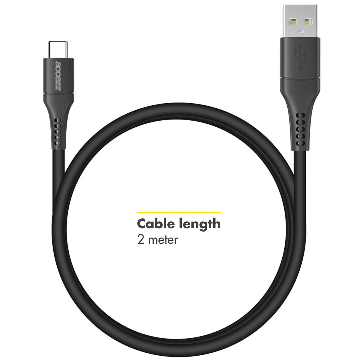 Câble USB-C vers USB-A noir. Le câble est enroulé, avec une étiquette jaune 'Longueur du câble'.