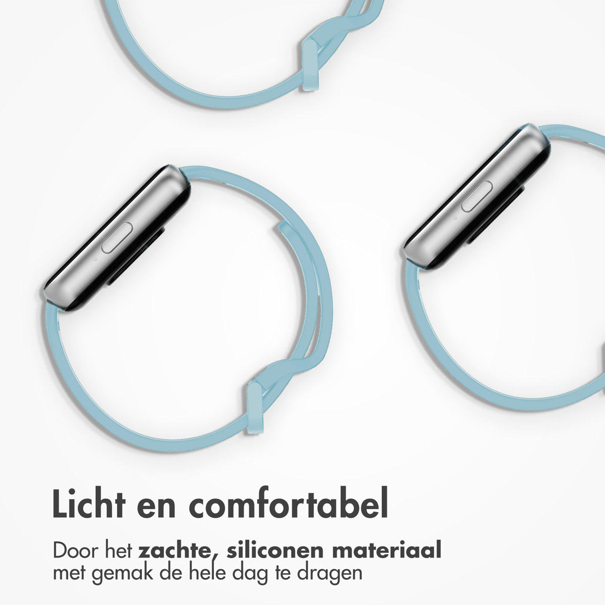 Three light blue smartwatch bands. Text says, 'Light and comfortable'.