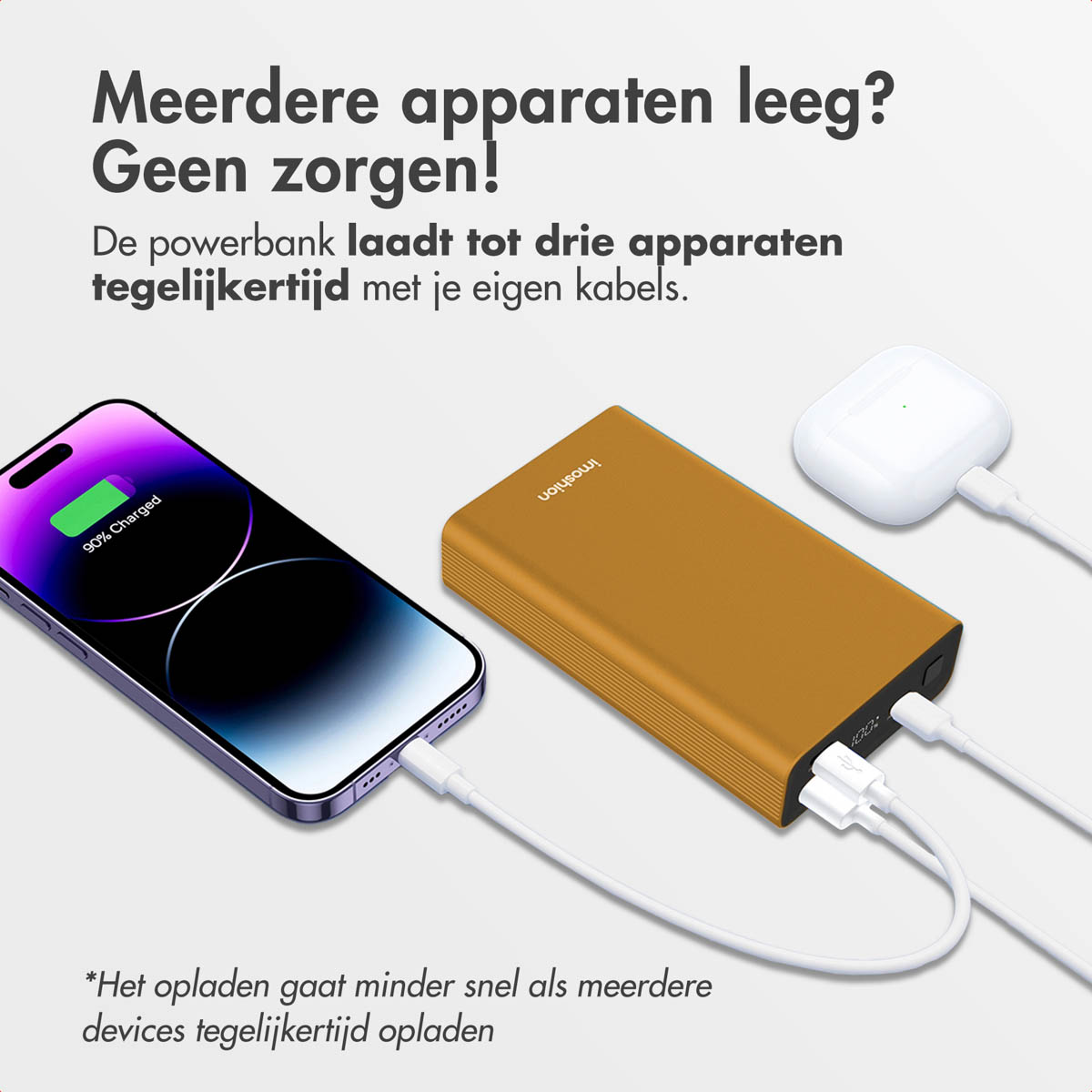 Batterie externe chargeant un téléphone et des écouteurs, avec affichage de l'état de charge.