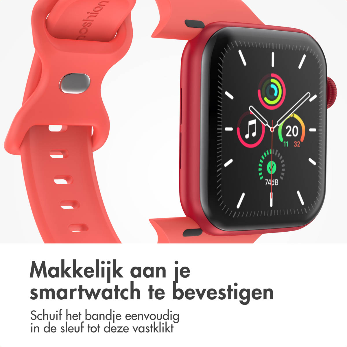 Red Apple Watch with a red strap; the face displays time and activity rings.
