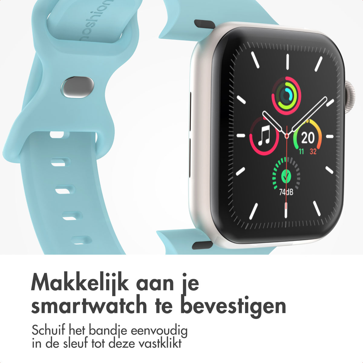 Watch with a blue strap. Text says 'easy to attach to your smartwatch'.