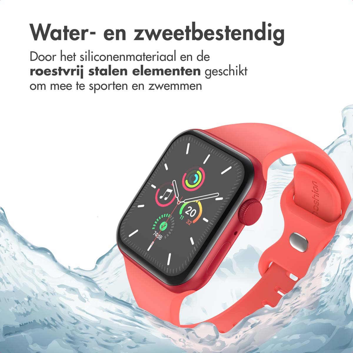 Red smartwatch with water splash, showing the screen and band.