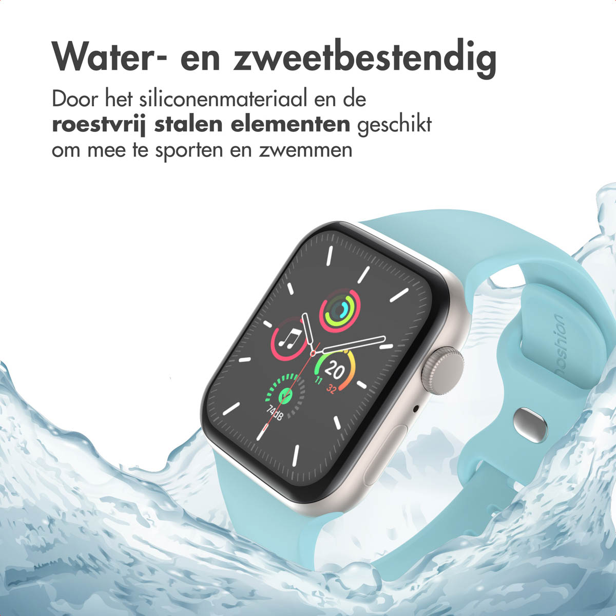 Apple watch with a light blue strap in a splash of water. The watch face is visible.