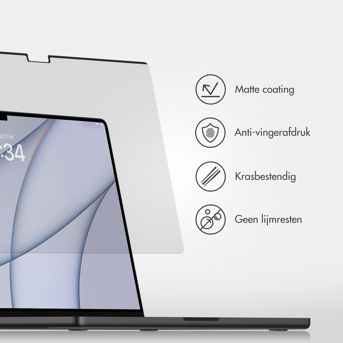 Een laptop met een schermbeschermer, met iconen en tekst.