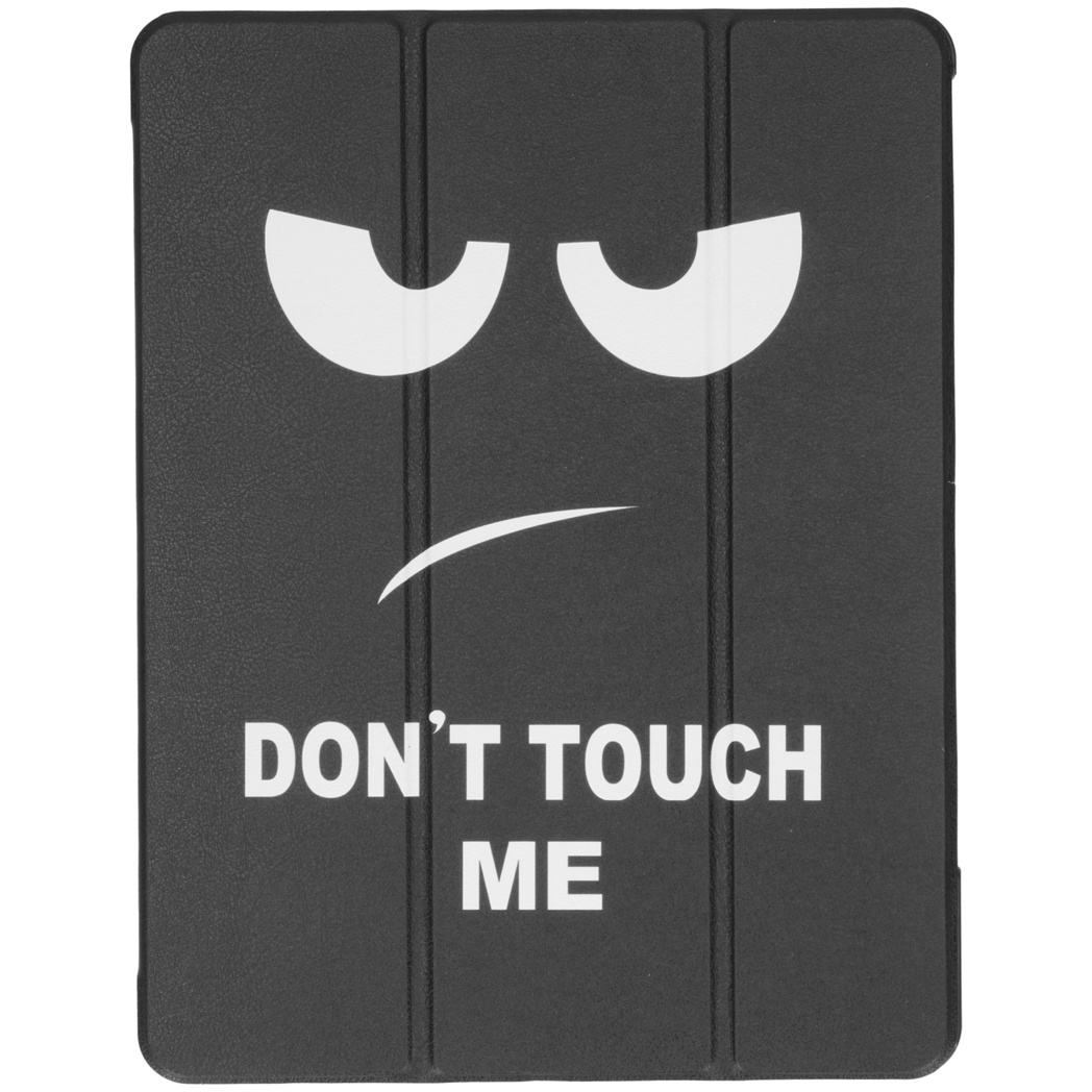 A black tablet cover, with a face graphic that says, "DON'T TOUCH ME".
