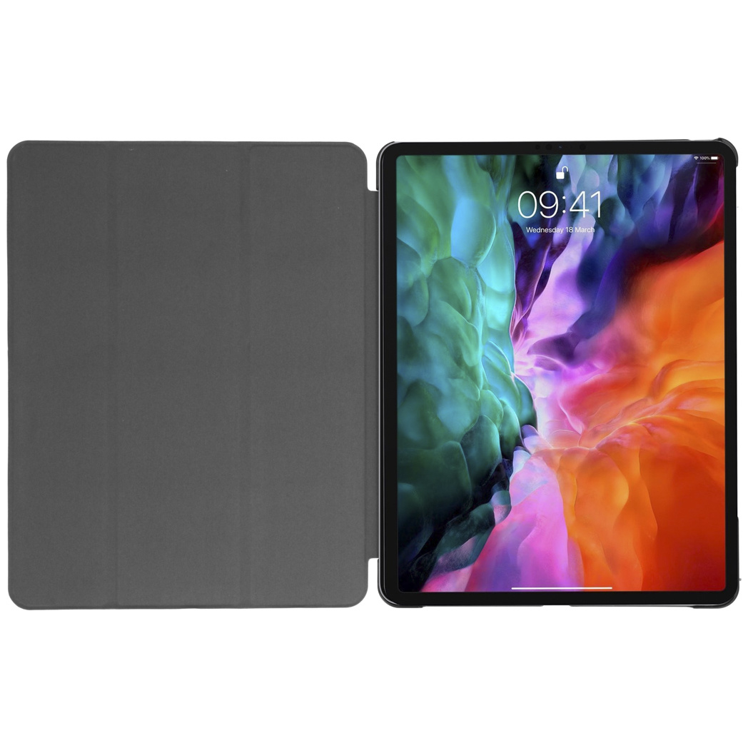 Tablet with case open. Tablet screen shows a colorful image. Gray case on a white background.