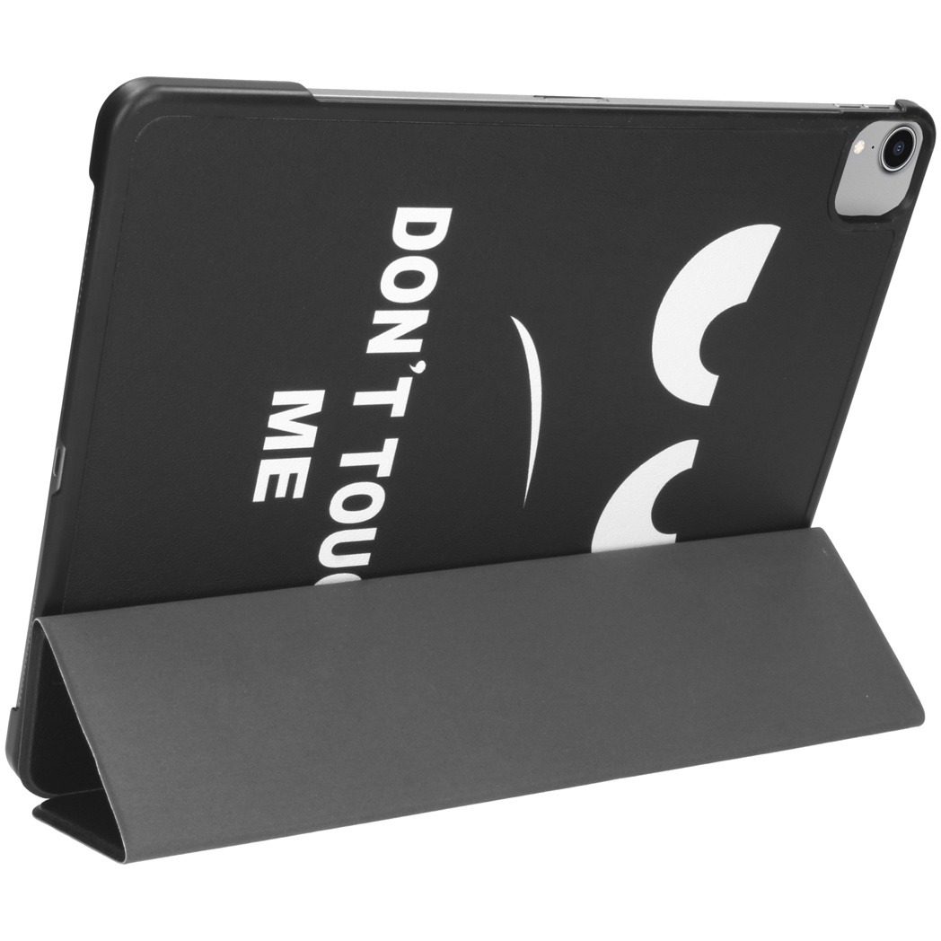 Tablet with a black cover that says 'DON'T TOUCH ME' and a smiley face. Gray stand.