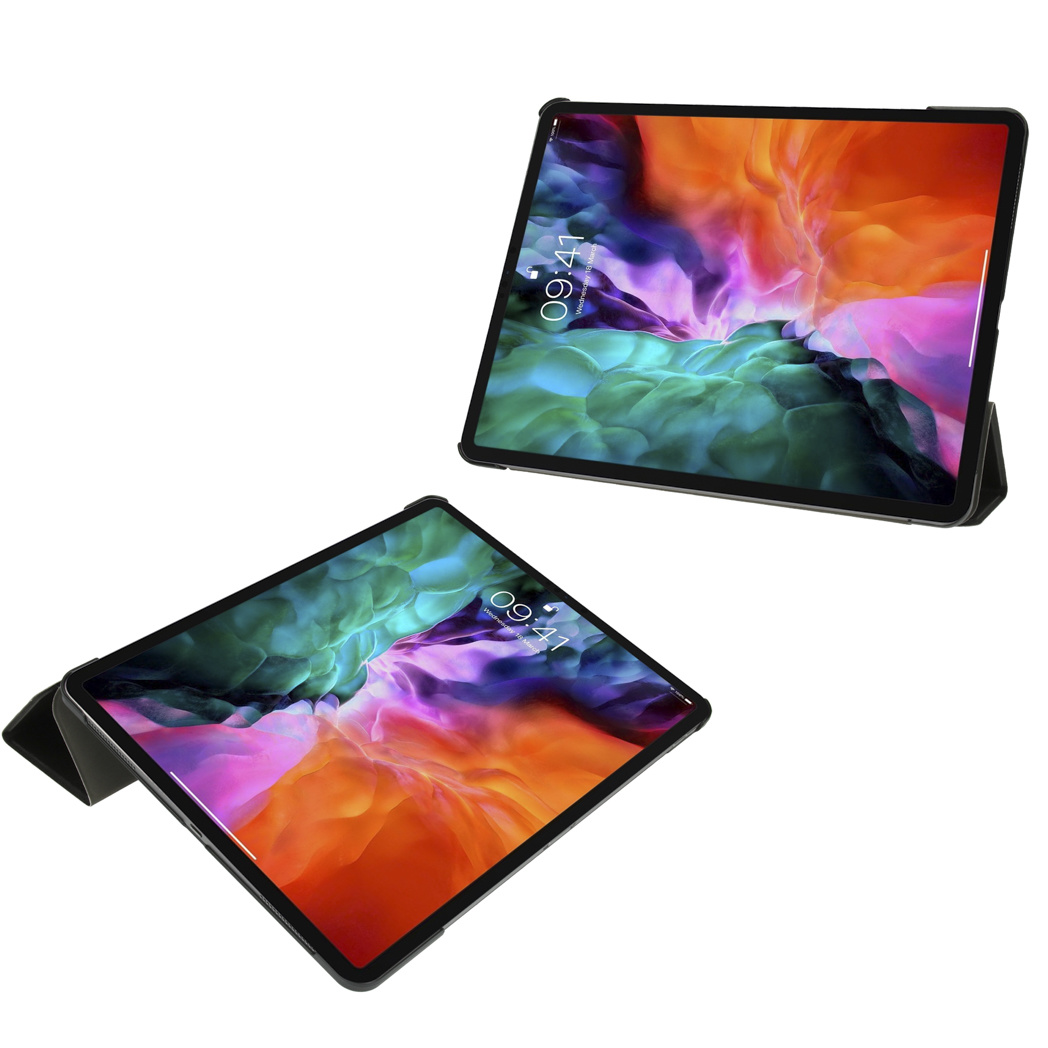 Two tablets displaying a colorful abstract image on the screen. Both in black case.