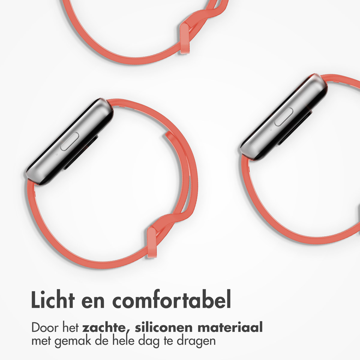Close-up of three smartwatches with silver faces and coral straps on white background.