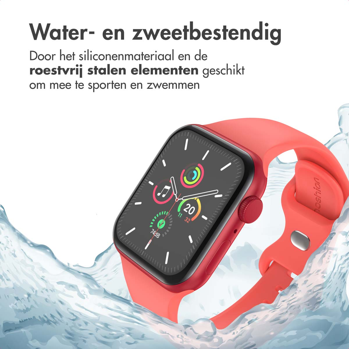 Red smartwatch with red strap. Water splash in the background. Black screen displaying information.