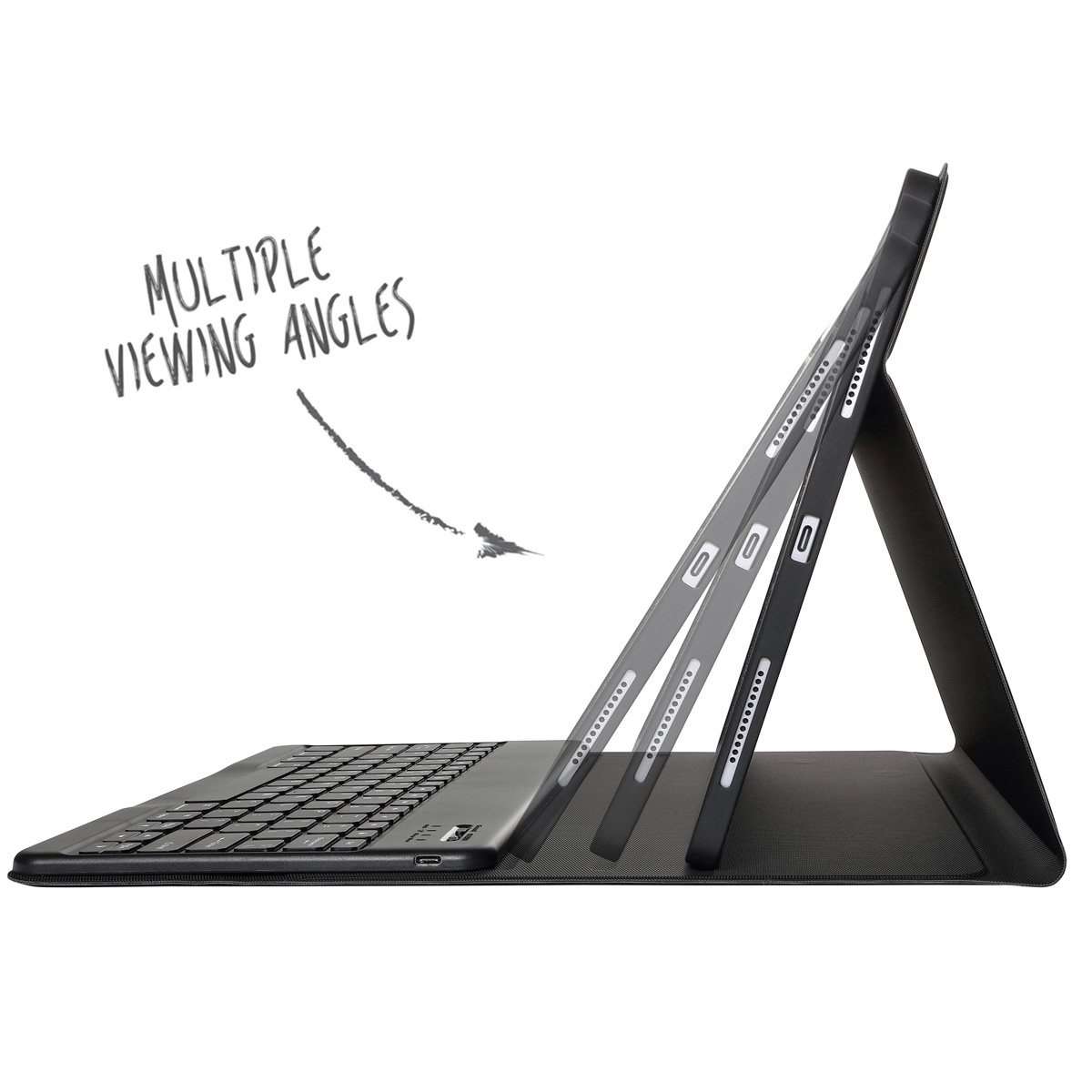 Zwarte tablet toetsenbord hoes. De tablet is in drie verschillende kijkposities gehoekt.